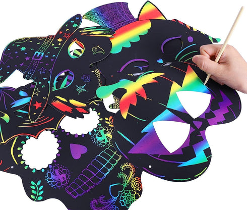 Max Fun 48PCS Halloween Rainbow Scratch Mask, Art Craft Kit for Kids Birthday, Classroom Decoration, Halloween Party