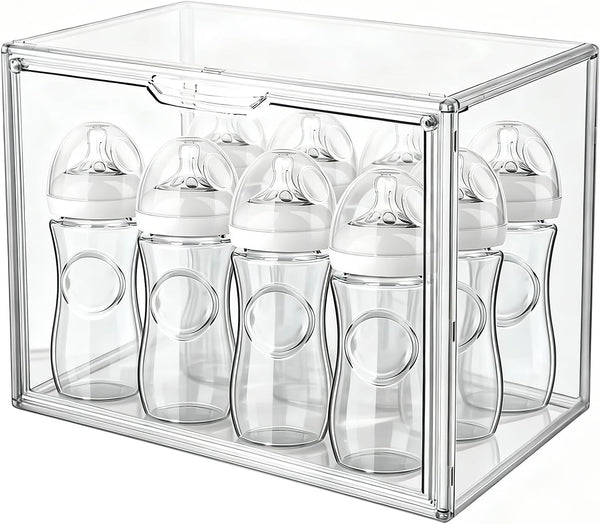 MAIDIWUDI Baby Bottle Organizer with Magnetic Door for Cabinet Stackable Clear Organizer Nursery