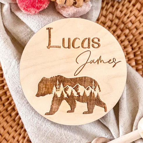 Personalized Newborn Announcement Sign for Hospital - Single Sided - Wooden Birth Announcement Sign with Bear - Name