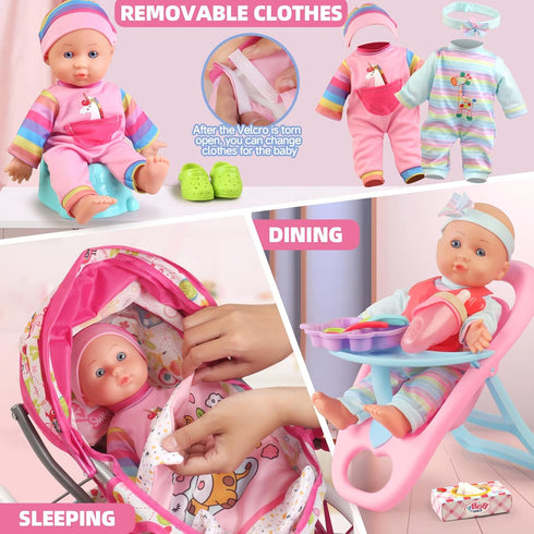 Baby Doll Stroller Toys Set with 12.5" Baby Doll, Dining Chair, Quilt Pillow, 24 PCS Accessories for Girls Toddlers