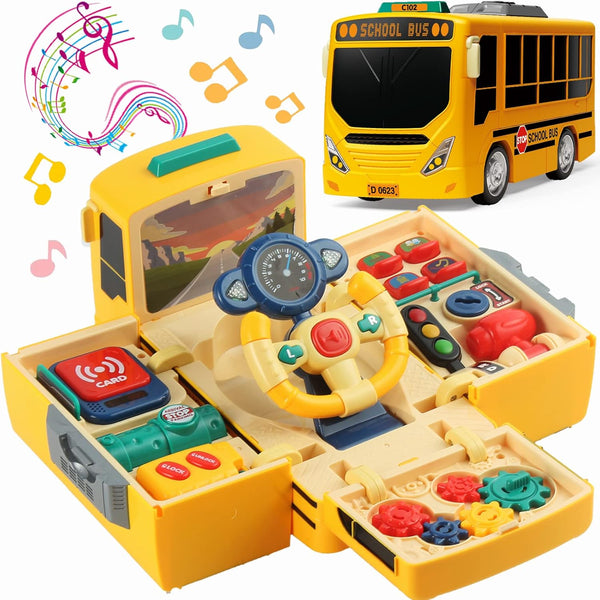 HONGTUO School Bus Toy with Sound and Light, Simulation Steering Wheel Gear Toy for Toddlers