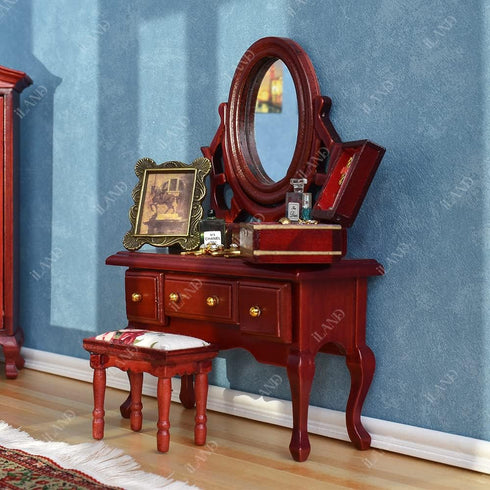 iLAND Wooden Dollhouse Furniture, 1/12 Scale Bedroom Set in Mahogany Color, 6pcs
