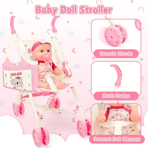 12" Set deAO Baby Doll Stroller Toys with Baby Doll Accessories Crib Bed High Chair Nursery Role Play Play Mat,Travel