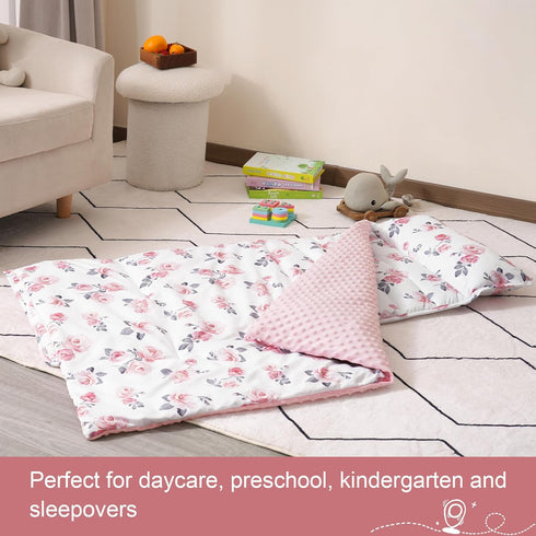 PHF Toddler Nap Mat, Floral Rollup Design with Removable Pillow & Minky Fleece Blanket, 50"x20"x2" for Kids
