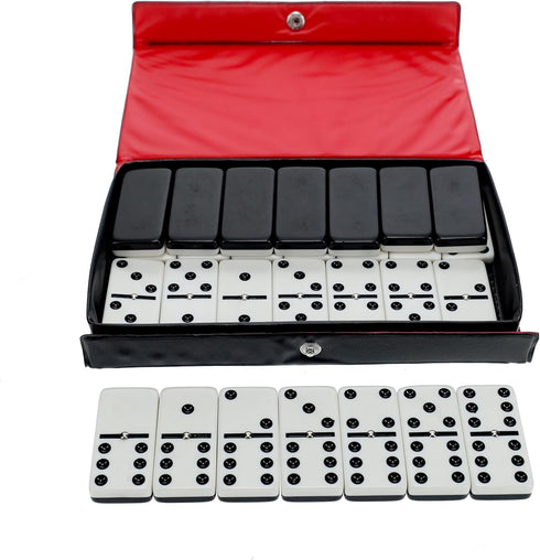 6 WE Games Two-Toned Black & White Double Dominoes with Spinners - Ideal Size, Vintage Style Case, Family and Adult