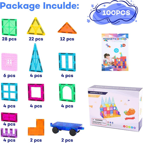 Magnetic Tiles, 100PCS Building Blocks Set for Kids, STEM Sensory Educational Toys with 2 Cars for Ages 3-9