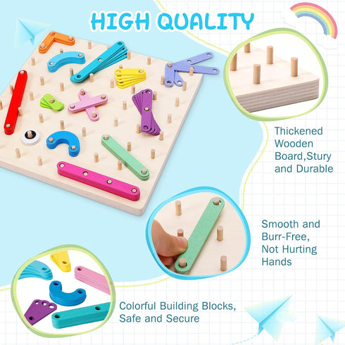 Wooden Montessori Toy for Toddlers, Letter Number Construction Set, Pegboard Puzzle Stacking Blocks for Boys Girls