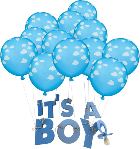 Gejoy 36 Pieces Blue Cloud Latex Balloons, 12 Inch Matte Light Blue and White Print Decoration for Baby Shower Birthday