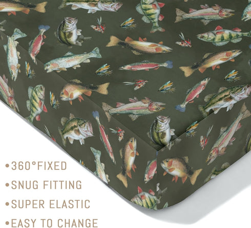 Selgkds 52''x28'' Neutral Fishing Baby Crib Sheets for Boys Vintage Bass Fishes Trout Soft Snug Fitted Crib Mattress