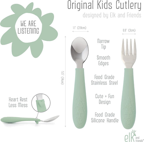 Elk and Friends Kids Silverware, Silicone Handle Flatware, Safe Toddler Utensils, Baby Spoons and Forks, Stainless