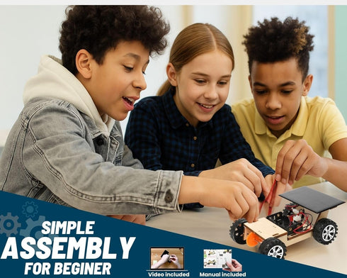 V300, 8-12 Solar-Powered Car Wooden STEM Kit with Wireless Remote Control for Boys and Girls, Hybrid Powered by Solar