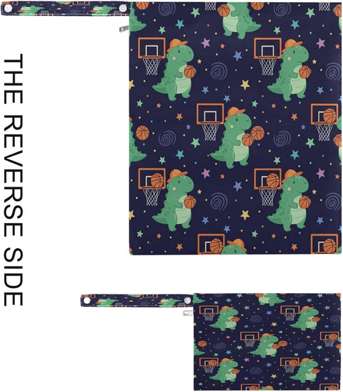 Burbuja 2 Pack, 2 Dinosaur Wet Dry Bags for Baby Cloth Diaper Waterproof Reusable Wet Bag with Zippered Pockets