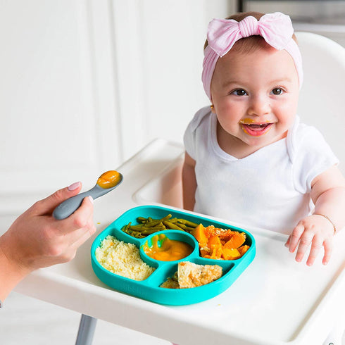 bbluev - Yuemi – Food Grade Silicone, BPA-Free, Suction Plate, Microwave & Dishwasher Safe, Anti-Spill Plate & Spoon Set w/Baby Utensils - for Baby & Toddler