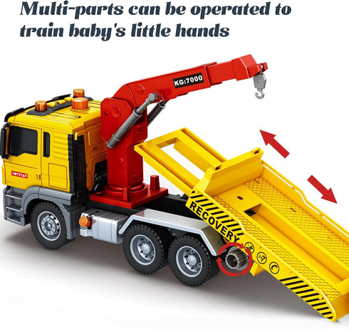 15 Inch Set 8-10 Friction Powered Large Tow Truck Toy with Lights & Sounds, Movable Crane Arm, Tow Mater Tilt Ramp