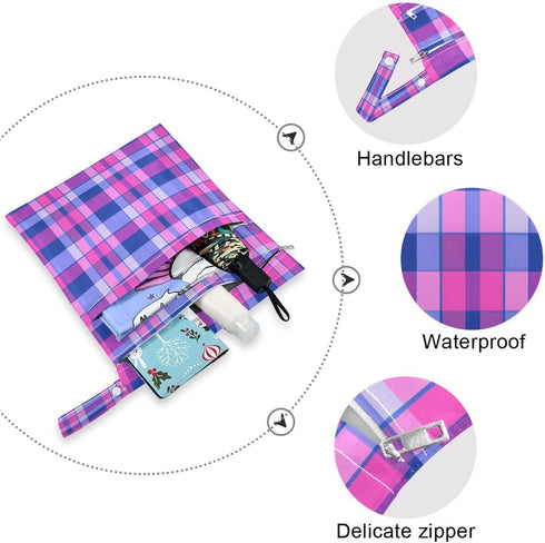 Haskirky 2 Blue Purple Bold Plaid Pcs Cloth Diaper Wet Dry Bags,Waterproof and Washable Bag for Travel Reusable Wet Bag