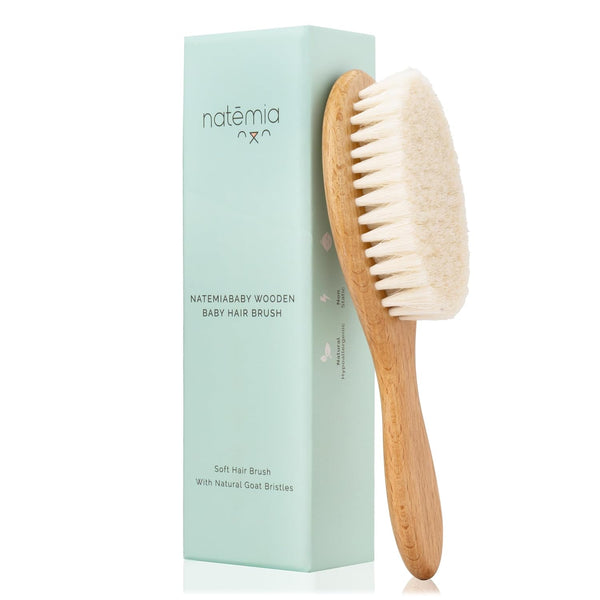 Natemia Baby Hair Brush with Soft Goat Hair Bristles - Gentle Wooden Comb for Infants, Newborn Bath Essential
