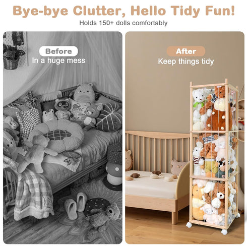 BENCHRY Bedroom-54.3 Inch Stuffed Animal Storage, Wood Stuffed Animal Zoo Storage with Brake Wheels, Space Save Toy