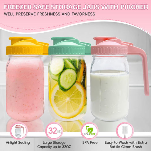 Riznpo 2 PACK 32OZ Breast Milk Pitcher Glass Breastmilk Pitcher with Lids Leak-proof Wide-mouth Mason Jar