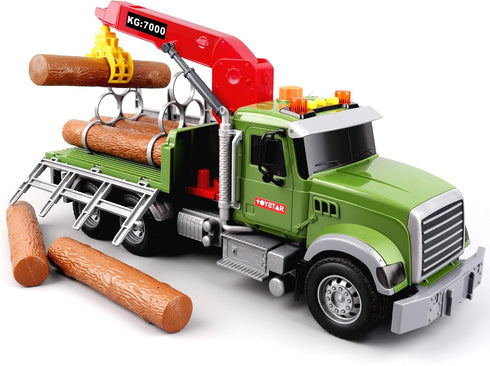 Dwi Dowellin Kids Toys for 3-7 Years Old Boys, 15" Large Timber Truck with Loading Crane and 6 Trunks, Birthday Gifts