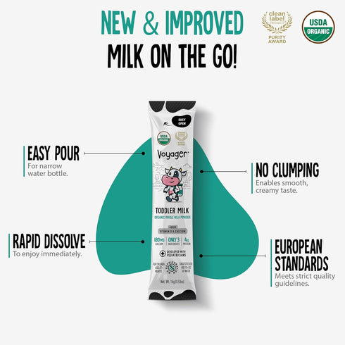 16 15g Voyager Toddler Milk On The Go, USDA Organic Shelf Stable Whole Milk Powder, Great for Travel, No Refrigeration