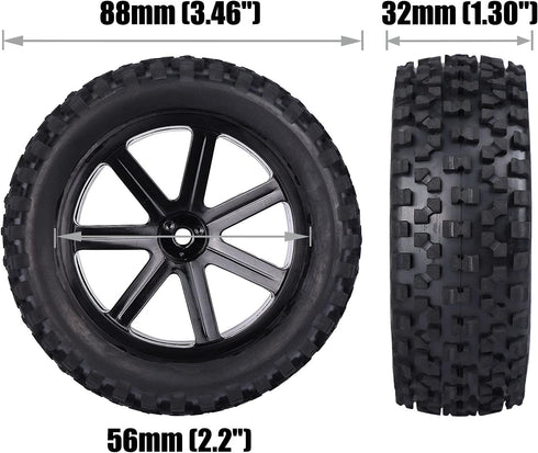 12mm Hex 2.2'' Pre-Glued RC Buggy Wheels and Tires, Out Dia. 3.5'' for 1/10 1/12 1/14 1/16 Off-Road RC Buggy Truck, Set of 4