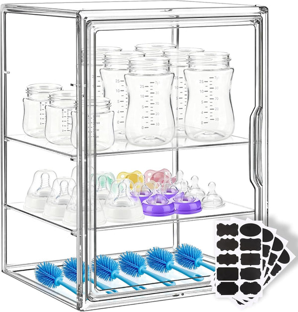 LOESLY Baby Bottle Storage Organizer for Countertop Cabinet, 3-Tier Adjustable Clear Acrylic Bottle