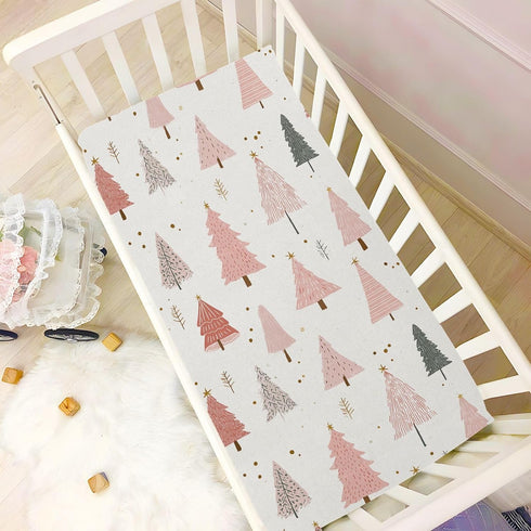 Sheet,52x28IN Pfrewn Christmas Crib Sheets for Boys Girls Pink Pastel Christmas Trees Star Gold Glitter Fitted Crib