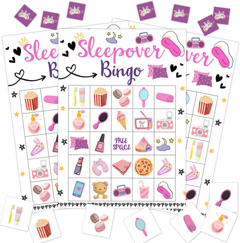 Sleepover Party Bingo Game, 24 Player Pajama Bingo Cards Set for Family Activity, Sleepover Party Supplies