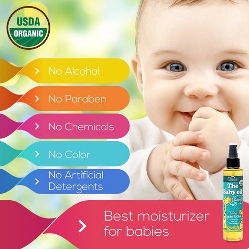 5 Oz US Organic Baby Oil with Calendula, Jojoba, and Olive Oil with Vitamin E, USDA Certified Organic, No Alcohol