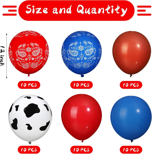 60 Pieces Blue Red Western Cowboy Bandana Balloons 12 Inch Latex Balloons Arch Garland for Baby Shower Birthday Party