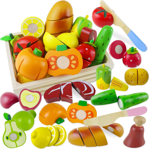 Beberolen Wooden Play Food Sets for Kids Kitchen Toddlers Wood Toys Cutting
