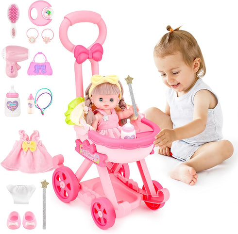 deAO Baby Doll Stroller with 12 Inch Doll, Foldable Stroller Role Play Set with 16 PCS Accessories for Kids