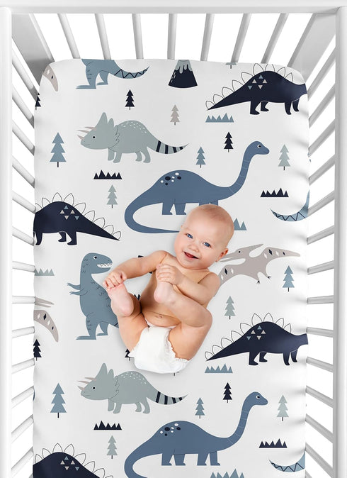 Sweet Jojo Designs Fitted Baby Crib Sheets (Blue Dinosaur) for Boys, Infant Nursery, Toddler Room - Standard Size