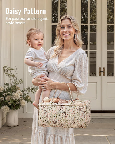 Blissful Diary Floral Diaper Caddy Organizer, Stylish Nursery Storage Basket, Diaper Bag,Gift for Baby Shower, Baby
