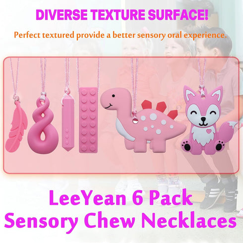 Chew Necklaces for Sensory Kids, 6 Pack Fox and Dinosaur Silicone Chewy Necklace for Autism, ADHD, Fidgeting