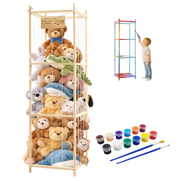 Stuffed Animal Storage Organizer - Solid Wooden Toy Organizers Storage with Watercolor