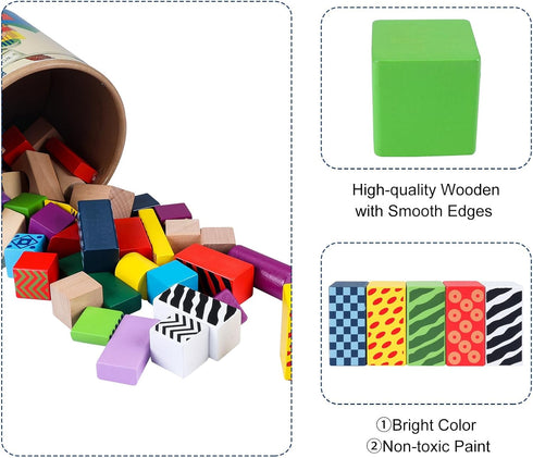 50 Set Offelec Pcs Wooden Building Blocks with Storage Bucket, Montessori Stacking Blocks & Shape Sorting Toys