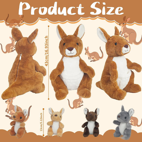 5 1 16'' Mommy 4 Set in Kangaroo Stuffed Animal with Babies, Stuffed Kangaroo Plush Toy with Baby Joey Plush and Pouch