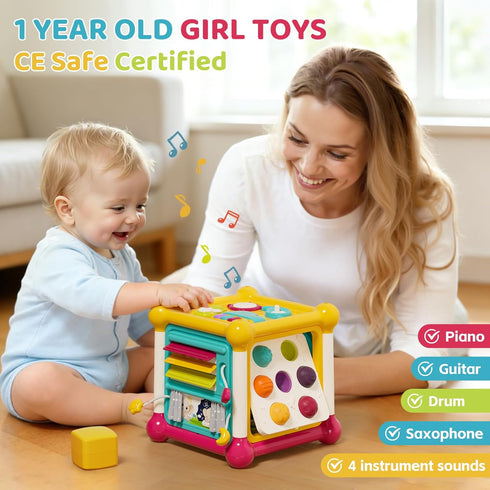 6-in-1 4 1 2 1 Baby Activity Cube, Educational Early Development Toy with Sensory Shape Blocks, Music Busy Board