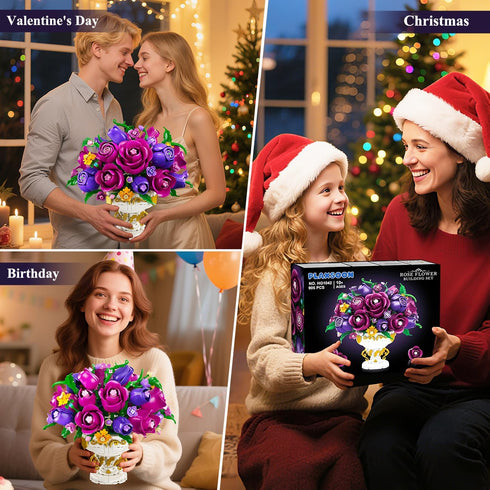 Set 905 18 12+ PLAXSOON Purple Rose Flower Building with Vase, PCS Mothers Day Botanicals Flowers Bouquet Building