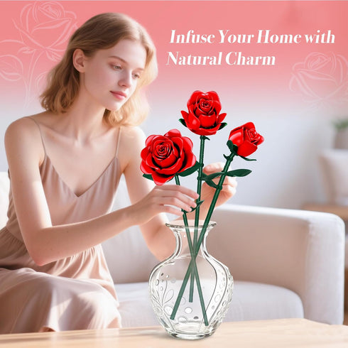 eafzv Set, 3 162 Mother's Day Flowers Bouquet Building Artificial Red Roses Botanical Collection Building Block
