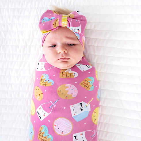 Set, Little Sleepies Swaddle & Headband Bow Viscose from Bamboo Baby Swaddles, Newborn Baby Girl Clothes (Luxe Pink
