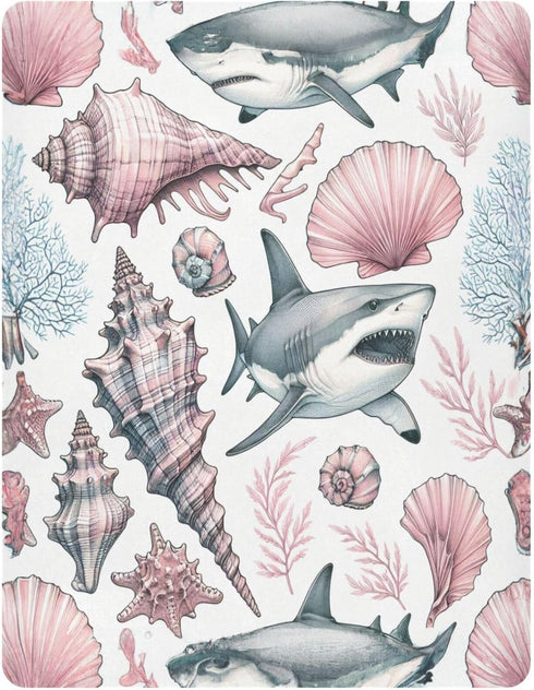 Burbuja Fitted Crib Sheet for Girls and Boys, Pink Pastel Shells Sharks Soft