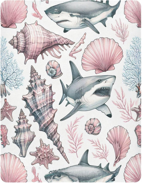 Burbuja Fitted Crib Sheet for Girls and Boys, Pink Pastel Shells Sharks Soft