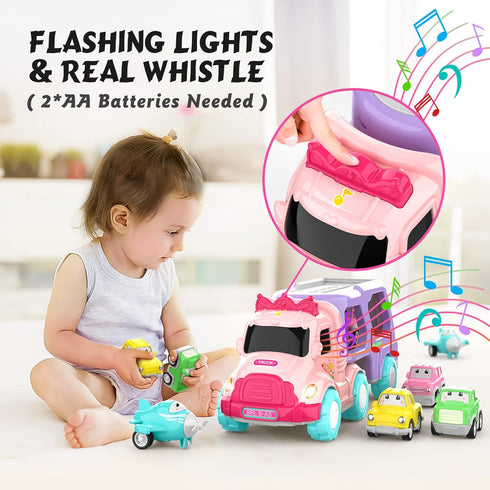 1 2 3 5-in-1 LASCOTON Toys for Year Old Girl, Carrier Truck for Toddler Girl, Friction Power Toy Cars with Light