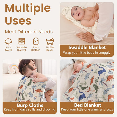 2 Pack 32"x32", 6 100% david's kids Hooded Baby Towels, Large Layer Muslin Cotton Highly Absorbent Boy Bath Towel