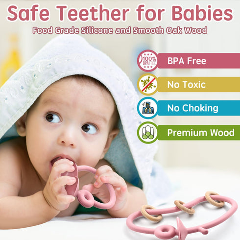 Baby Sensory Teething Chew High Chair Suction Toys for Infant Toddlers 6 12 18 24 Months, Food Grade Silicone Teether with Oak Loop Montessori Educational Baby Bath Toy Gifts (Dark Pink)
