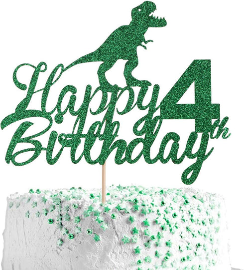 Anxdh Dinosaur Cake Topper for 4th Birthday, Sparkling Happy 4th Birthday Decoration for Boys, Jurassic Park Theme