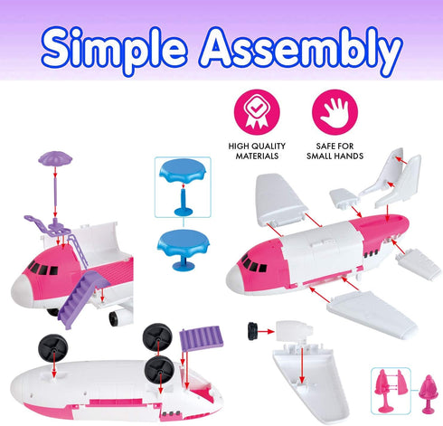 Playset Pink Airplane Toy Private Jet Transport Cargo Vehicle - Big Large Aircraft Plane with Figures and Beauty