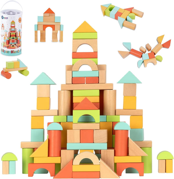 FCSONU Wooden Building Blocks for Toddlers 1-3, 100 Pcs Wood Blocks Set